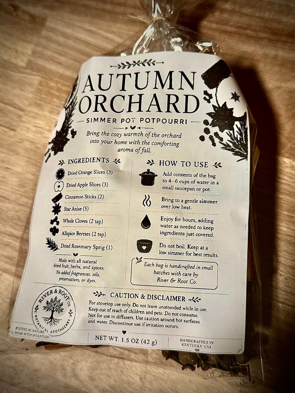 Autumn Orchard simmer pot back label with ingredients, stovetop instructions and safety information