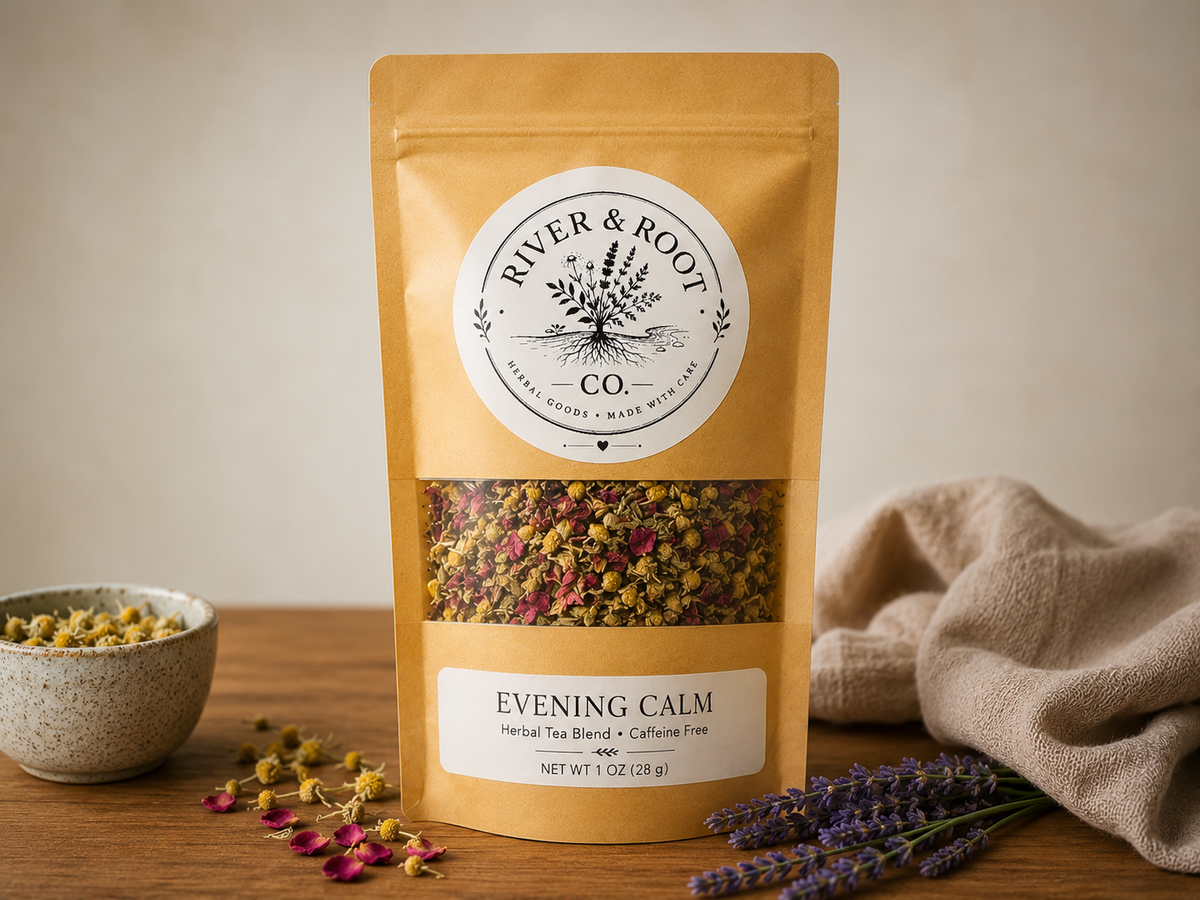 Evening Calm caffeine-free loose leaf herbal tea by River & Root Co.